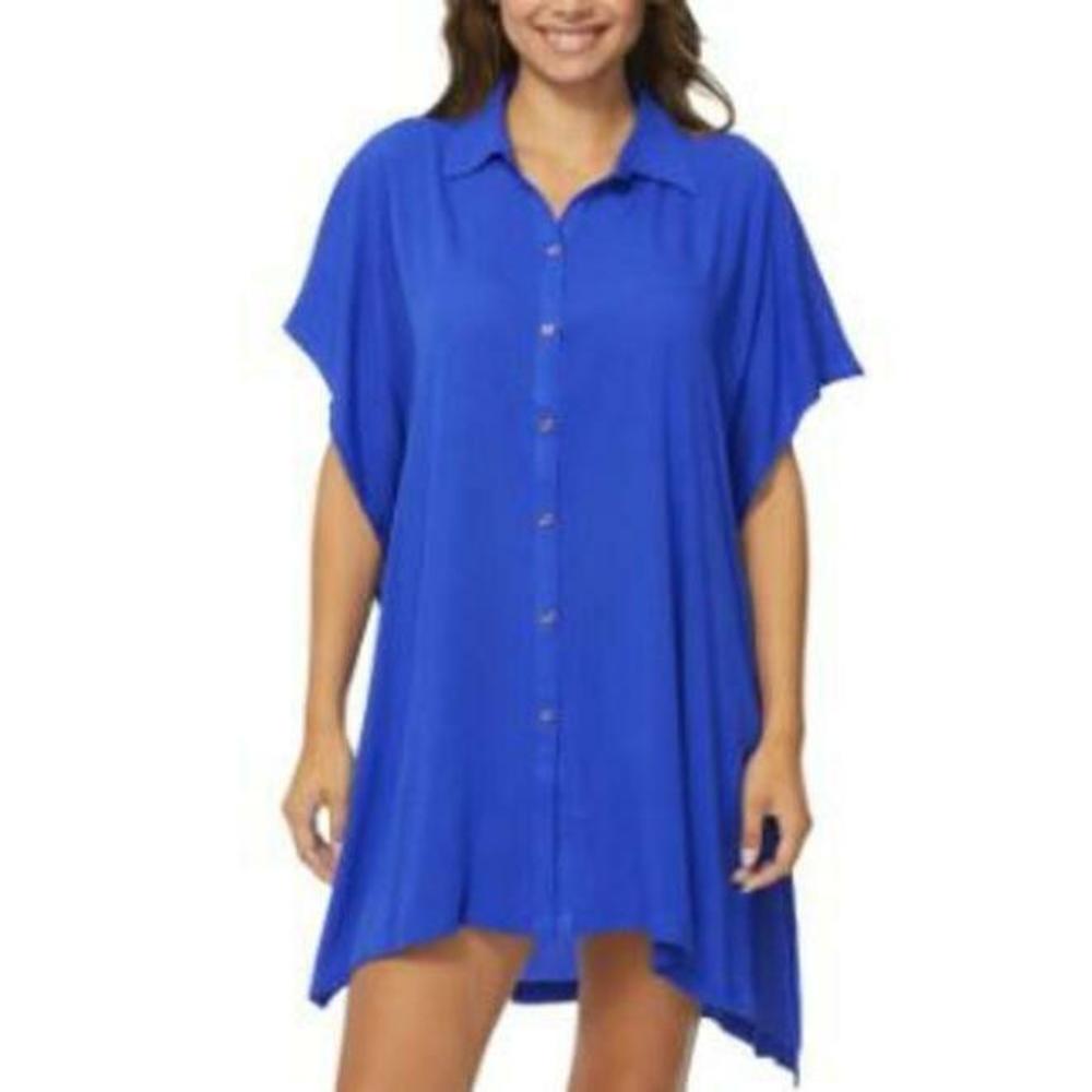 Raisins Juniors' Vacay Blue Button-Front Cover-Up Tunic Shirt M